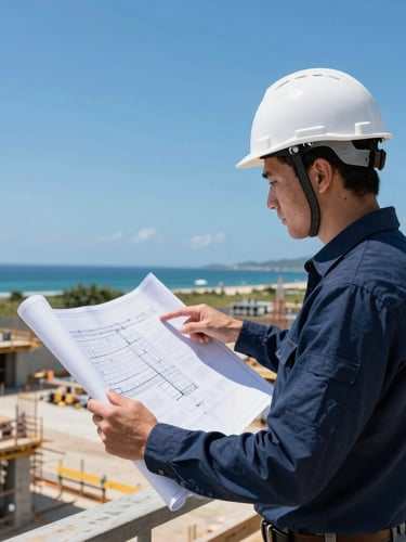 An engineer in a white hardhat pointing at a blueprint on a bright, sunny coastal construction site, sharp focus, technical style