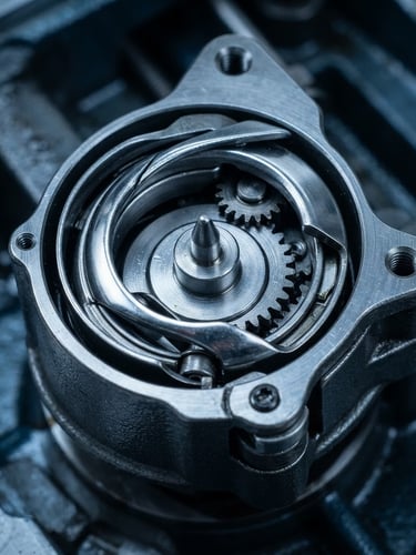 Close-up macro shot of a highly polished steel rotary hook, showing precise machining lines and intricate gears, under crisp industrial studio lighting with sharp metallic reflections, cool gray and deep blue tones, technical overhead angle.