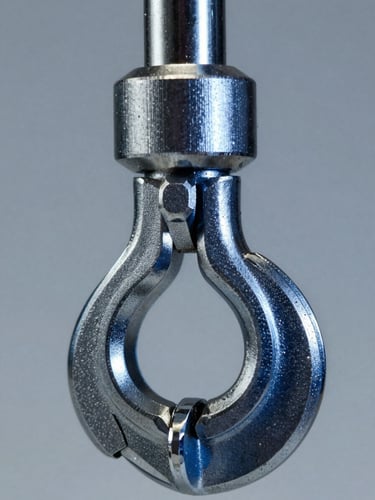 Close-up macro shot of a machined steel rotary hook assembly, sharp metallic reflections, cool gray and deep blue tones, high-contrast industrial studio light
