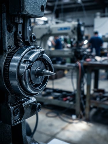 Precision-machined industrial sewing machine rotary hook, close-up, sharp metallic reflections, high-contrast studio lighting, cool gray and deep blue tones, portrait orientation, part positioned on the left side, factory floor in background.