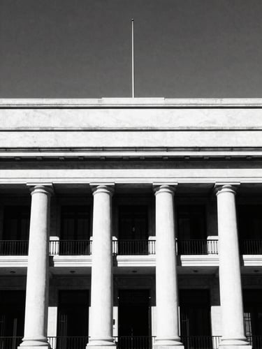 Stark black and white architectural shot of the Aguascalientes state congress building facade, harsh direct midday sunlight, deep black shadows, minimalist composition