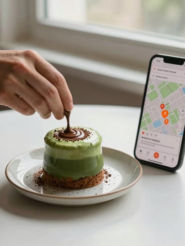 Primer plano cenital de manos espolvoreando cacao sobre un pastel saludable de matcha, luz natural suave de ventana, texturas táctiles, un teléfono celular al lado mostrando un mapa con pines de entrega naranjas.