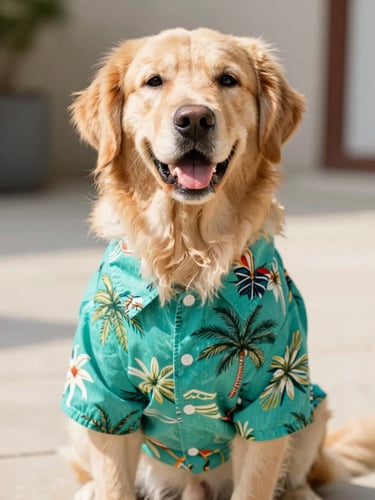 A happy golden retriever wearing a vibrant teal tropical shirt, sitting outdoors in bright warm daylight, close-up shot focusing on garment fit, shallow depth of field
