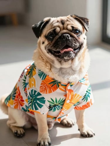 Bright natural pet photography, warm daylight, a happy pug with unique proportions wearing a custom-tailored colorful tropical shirt, sitting comfortably on a light gray floor, shallow depth of field, 35mm lens