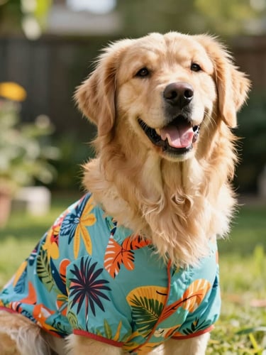 Eye-level shot of a happy golden retriever wearing a colorful tropical pet shirt, sitting in a bright garden, warm natural daylight, shallow depth of field