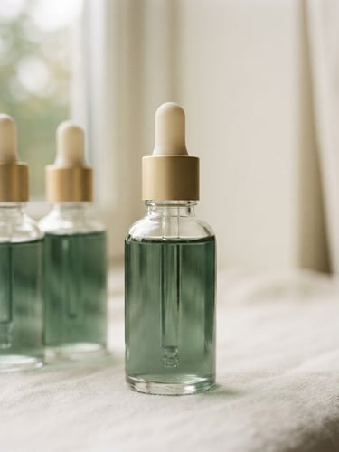 minimalist product photography of clean glass dropper bottles on a soft cream surface, soft natural window light, muted emerald tones, shallow depth of field, 35mm