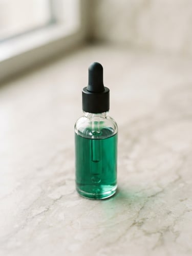 Macro product shot of a clean glass dropper bottle with emerald green liquid, resting on a soft cream marble surface, soft natural window light, shallow depth of field, 35mm