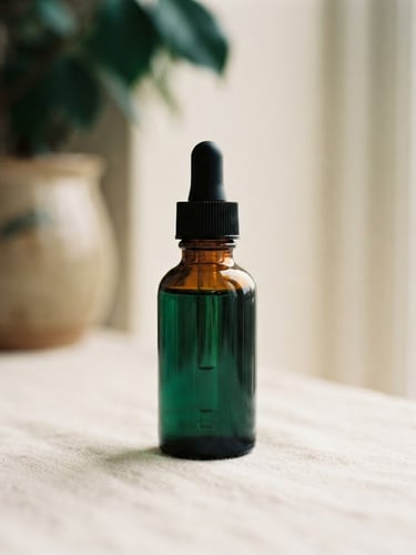 Minimalist product photography of a clean glass dropper bottle on a soft cream surface under natural window light, shallow depth of field, 35mm