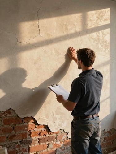 Wide environmental shot of an artisan assessing a rough exterior wall, clipboard at side, late afternoon sun casting warm raking light across cracked render and exposed brick, no portrait — back to camera, active work posture