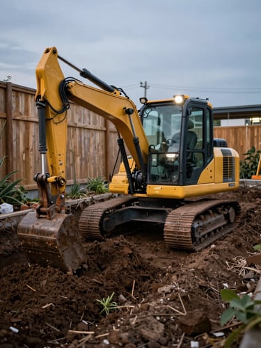 Wide shot of a compact mini excavator working a narrow garden trench at dusk, cab light on, freshly turned earth piled to one side, timber fence in the background