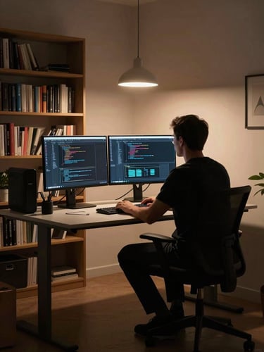 Wide environmental shot of a home-office corner at night, a man's silhouette at a standing desk with two monitors showing code editor and terminal, overhead desk lamp casting warm directional light, bookshelves behind — realistic work setting, no staging