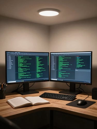 Wide environmental shot of a home-office corner at night, monitor showing a terminal with green output text, a notebook open beside the keyboard, ceiling light overhead, no person visible — the workspace itself