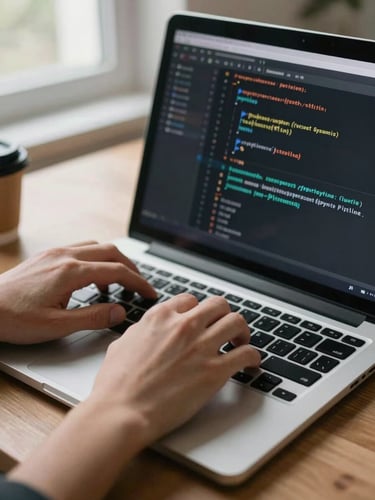 Close environmental frame, tight on hands over a laptop keyboard showing a Python data pipeline script, natural window light from the left, desk surface visible with a coffee cup edge — no face, no pose, pure work in progress