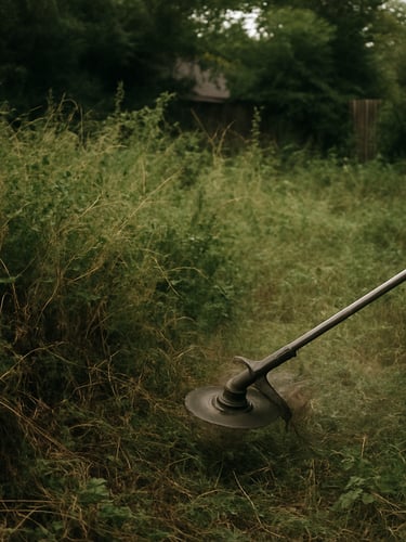 Close documentary framing of a severely overgrown suburban backyard—waist-high weeds and tangled brush in the left half of the frame, a commercial brush cutter mid-stroke visible at the right edge, natural overcast daylight, rich green and brown tones, no people visible