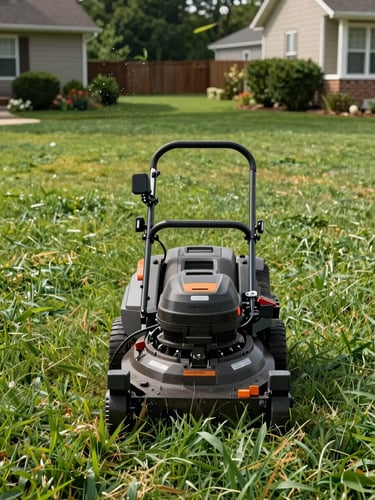 Wide-angle shot from behind a commercial walk-behind mower cutting a thick overgrown lawn, green grass clippings visible mid-air, strong natural daylight, suburban backyard in background