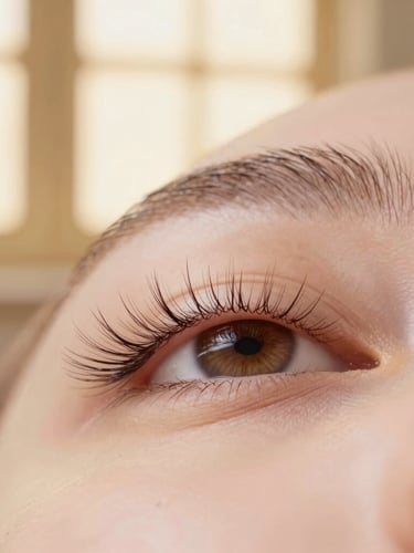 Detailed close-up of delicate lash extensions catching soft, high-key studio light, serene ivory and gold background, focus on the clean alignment and texture