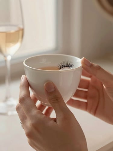 Detailed close-up of lash extensions catching soft light, elegant hands holding a delicate ceramic cup, warm editorial photography with shallow depth of field