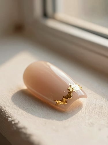 Extreme macro photograph of pristine gel nail art with delicate gold foil details, resting on soft ivory linen under warm, diffused golden-hour window light, shallow depth of field