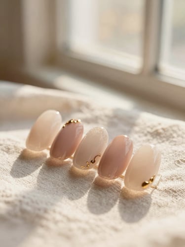 Macro photograph of pristine gel nail art with delicate gold accents, resting on soft ivory linen, warm diffused window light, shallow depth of field