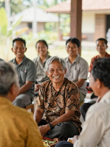 Candid medium shot of Indonesian village cooperative members smiling during a community meeting, bright warm natural daylight, organic tones, 35mm lens style