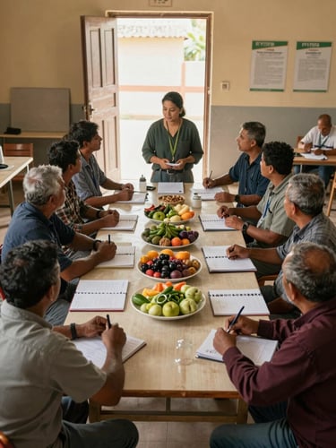 Overhead wide shot of an FPO meeting in a village hall — farmers and a program coordinator seated around a table covered with produce samples and ledger books, warm incandescent indoor light mixed with daylight from a side door, documentary framing showing active deliberation and agency