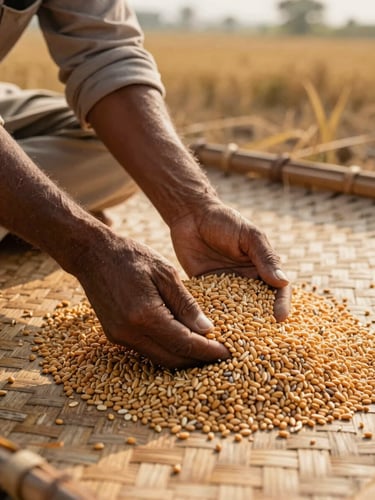 Close overhead view of a farmer's hands sorting freshly harvested grain on a woven mat in warm afternoon light, a rural Indian field visible in soft focus behind, earthy textures and golden hue