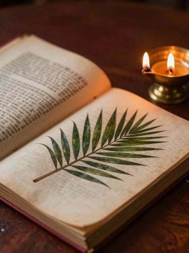 Ancient palm-leaf manuscripts, Granthas, resting on a dark wooden surface beside a brass oil lamp, low-key warm temple lighting, shallow depth of field.