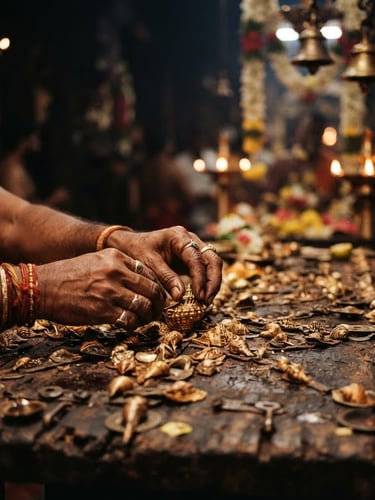 Close-up of hands arranging golden-brown kavadi shells on an ancient wooden board under flickering oil-lamp light, warm temple shadows, 35mm photography.