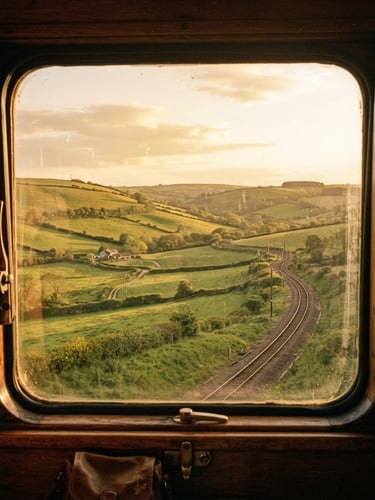 Warm film photography of a vintage train window looking out onto rolling green hills, natural golden-hour daylight, heavy grain texture, 35mm lens, shallow depth of field