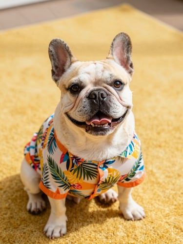 A joyful French bulldog wearing a colorful tropical shirt, sitting on a bright yellow rug, warm natural light, eye-level pet portrait, 35mm