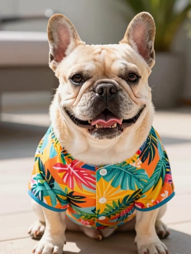 Eye-level portrait of a happy, chubby French Bulldog wearing a custom-fitted colorful tropical shirt, sitting comfortably on a sunny patio, bright natural daylight, warm editorial photography, 35mm