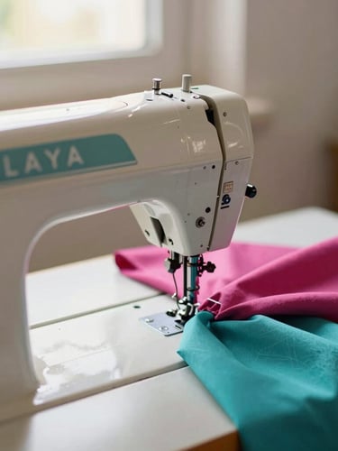 Close-up of a vintage sewing machine in a warm Celaya workshop, colorful teal and magenta fabrics on the table, bright natural morning light, shallow depth of field, 35mm editorial photography