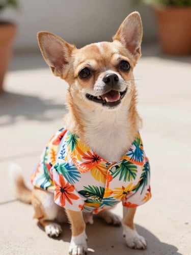 A happy small chihuahua dog wearing a colorful tropical Hawaiian shirt, sitting on a sunlit patio, looking up with a cheerful expression, warm editorial photography, bright natural daylight, shallow depth of field