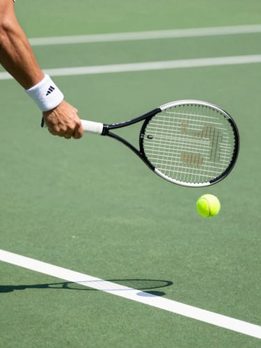Dynamic close-up of a tennis racket striking a ball on a green clay court, bright natural sunlight, shallow depth of field