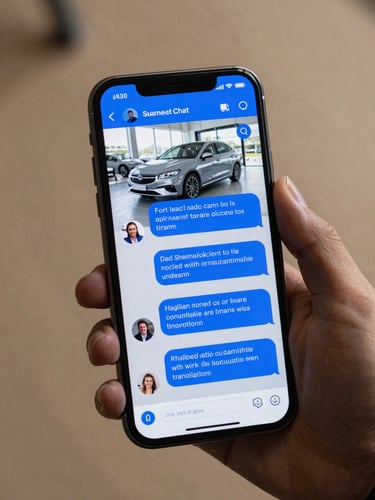 High-fidelity mobile screen mockup displaying a live dealership chat conversation, electric blue accents, clear lead qualification steps visible on screen, studio lighting