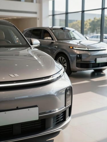 Close-up of a modern, clean automotive showroom floor with a luxury electric vehicle in the background, bright daylight streaming through floor-to-ceiling windows, high-contrast crisp details.