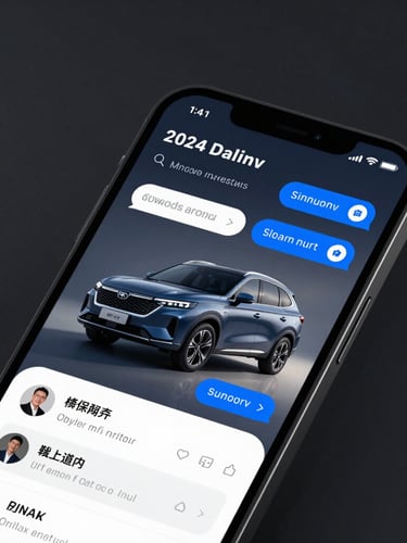 High-fidelity mobile UI mockup of a smartphone screen displaying an active chat widget. The chat shows an operator matching a 2024 SUV inventory item with pricing, electric blue accents, glowing screen light against a dark background.