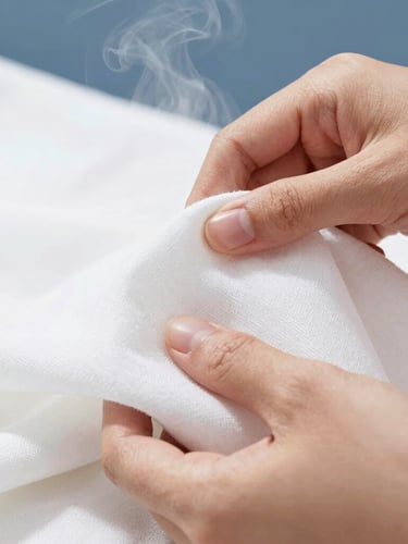 Close-up macro shot of hands gently sorting premium clean white cotton fabric, steam rising softly in the background, soft natural side lighting, sharp focus on fabric weave.