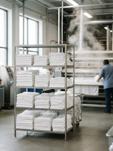 Bright natural daylight illuminating a modern high-capacity laundry facility, neatly stacked crisp white linens on a stainless steel shelf, professional ironer steam rising softly in the background, sharp focus, 35mm lens.