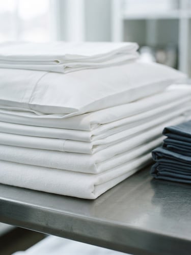 Macro shot of neatly folded crisp white linens stacked on a steel table, bright cool daylight, sharp focus, 35mm lens