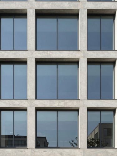 Architectural photography of a modern concrete and glass building facade, clean straight lines, symmetric framing, bright afternoon light reflecting off the glass, high-end real estate, 35mm