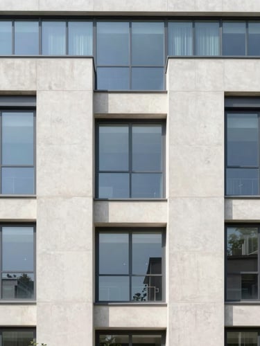 Symmetric architectural photography of a modern concrete and glass facade, sharp lines, bright natural daylight, 35mm