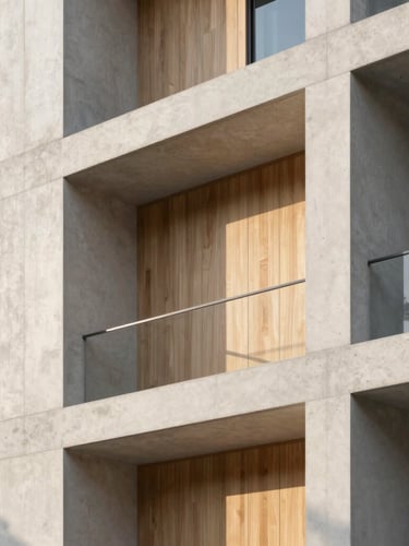 Elegant close-up architectural photography of high-end concrete and natural wood textures on a building facade, soft afternoon sunlight, clean lines, 35mm