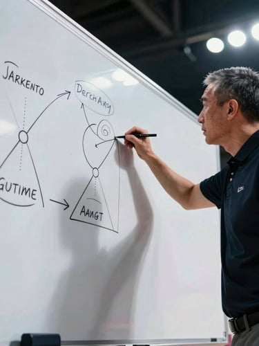 Low-angle heroic shot of a basketball coach drawing tactical plays on a whiteboard, intense stadium lighting, sharp shadows, high-contrast.