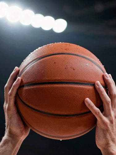 Tight macro crop of a player's hands gripping a worn leather basketball, sweat droplets on skin, high-contrast dramatic overhead stadium lighting, deep charcoal background.