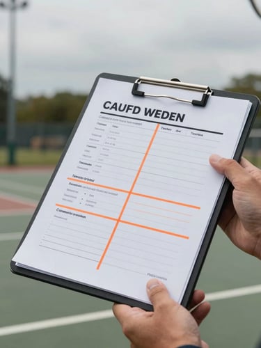 A tactical clipboard with orange court-lines drawn on it, held by a coach's hand, raw overcast outdoor court daylight, focused on the playbook details.