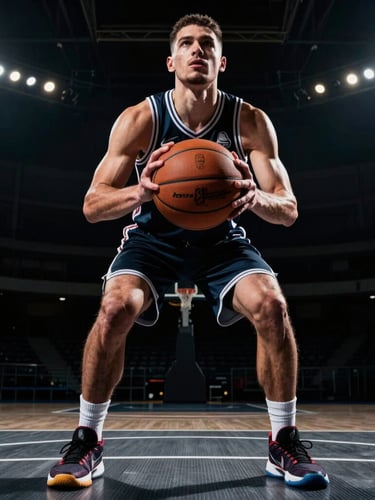 Low-angle heroic shot of a basketball player mid-drive under dramatic stadium lighting, hands gripping a worn leather ball, dark asphalt court background.