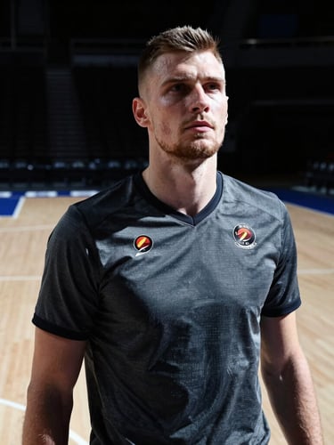 Low-angle heroic shot of Maciej Lampe in a charcoal training jersey, intense focus, dramatic stadium lighting casting sharp shadows, empty hardwood court in the background.