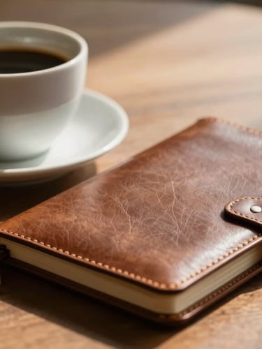 An elegant environmental close-up of a ceramic coffee cup and a closed leather notebook resting on a wooden table, with soft afternoon shadows cast across the surface.