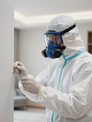 Clinical macro photograph of a professional pest control technician in a pristine white protective suit and respirator, inspecting a clean, modern, high-end apartment interior in Salvador, bright clinical lighting, high clarity.